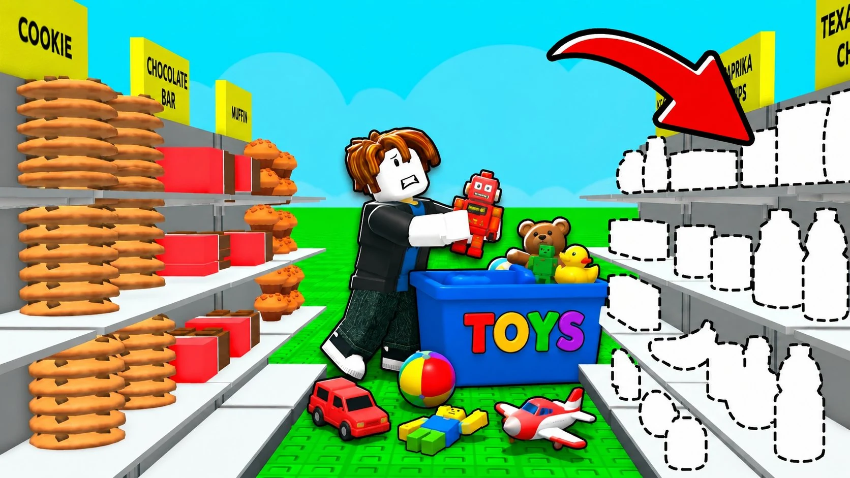 Roblox toy shop aisle with a character filling a blue toy bin