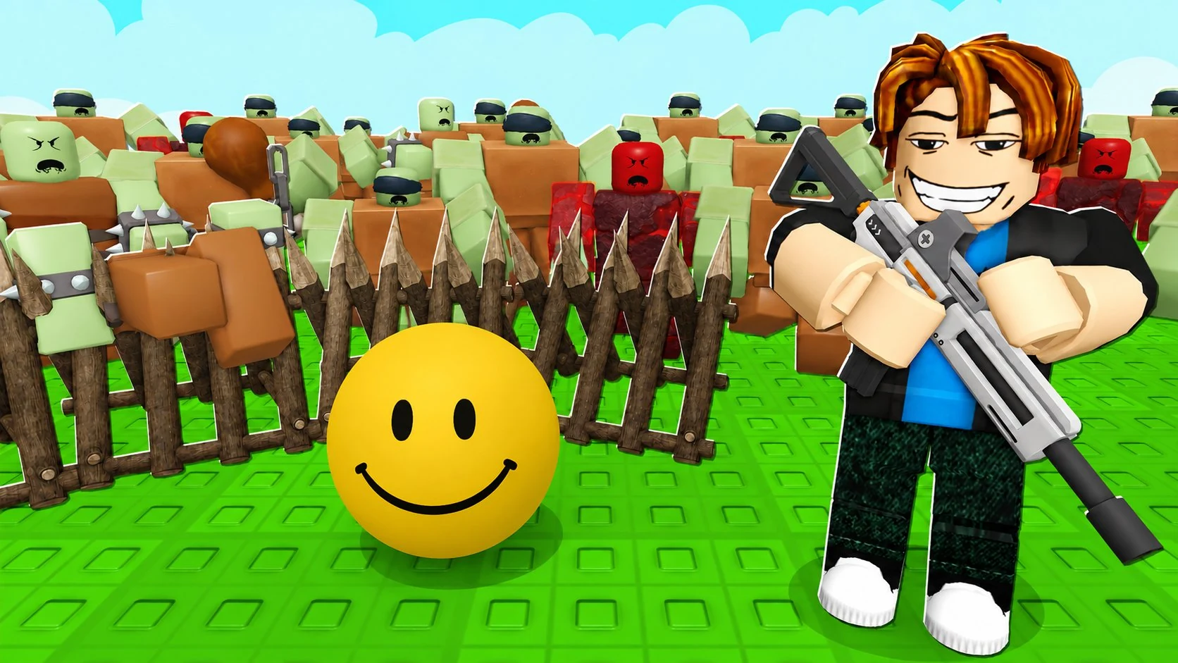 Roblox character defending a smiley sphere from a crowd of blocky creatures