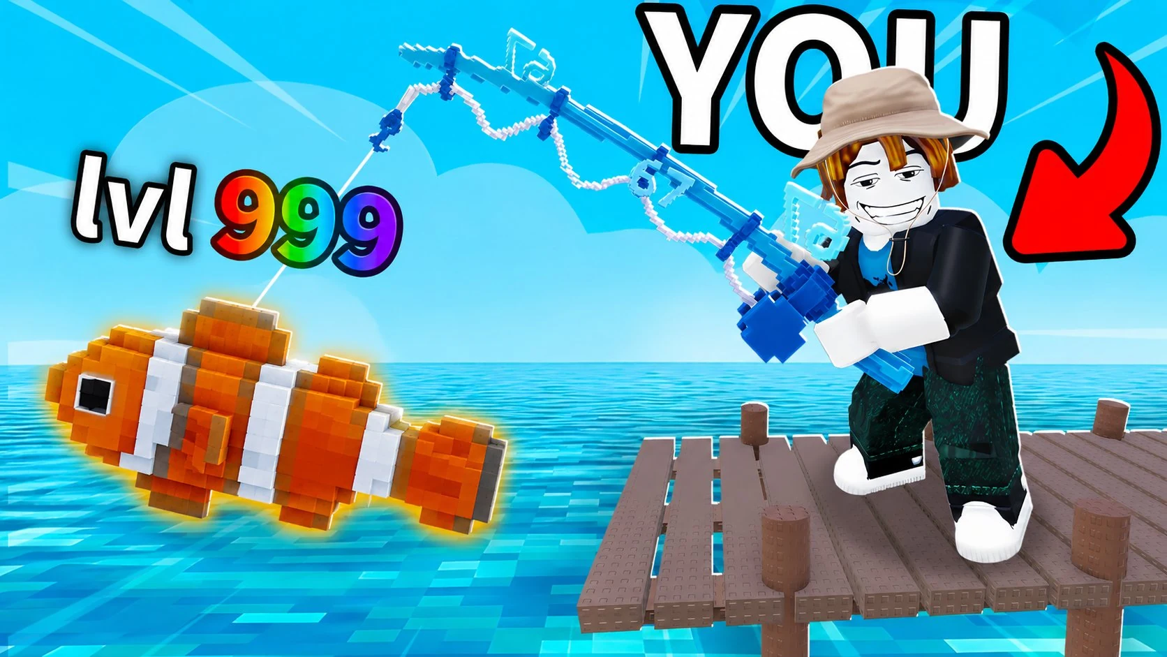 Roblox fishing scene with an orange fish and an upgraded blue fishing rod