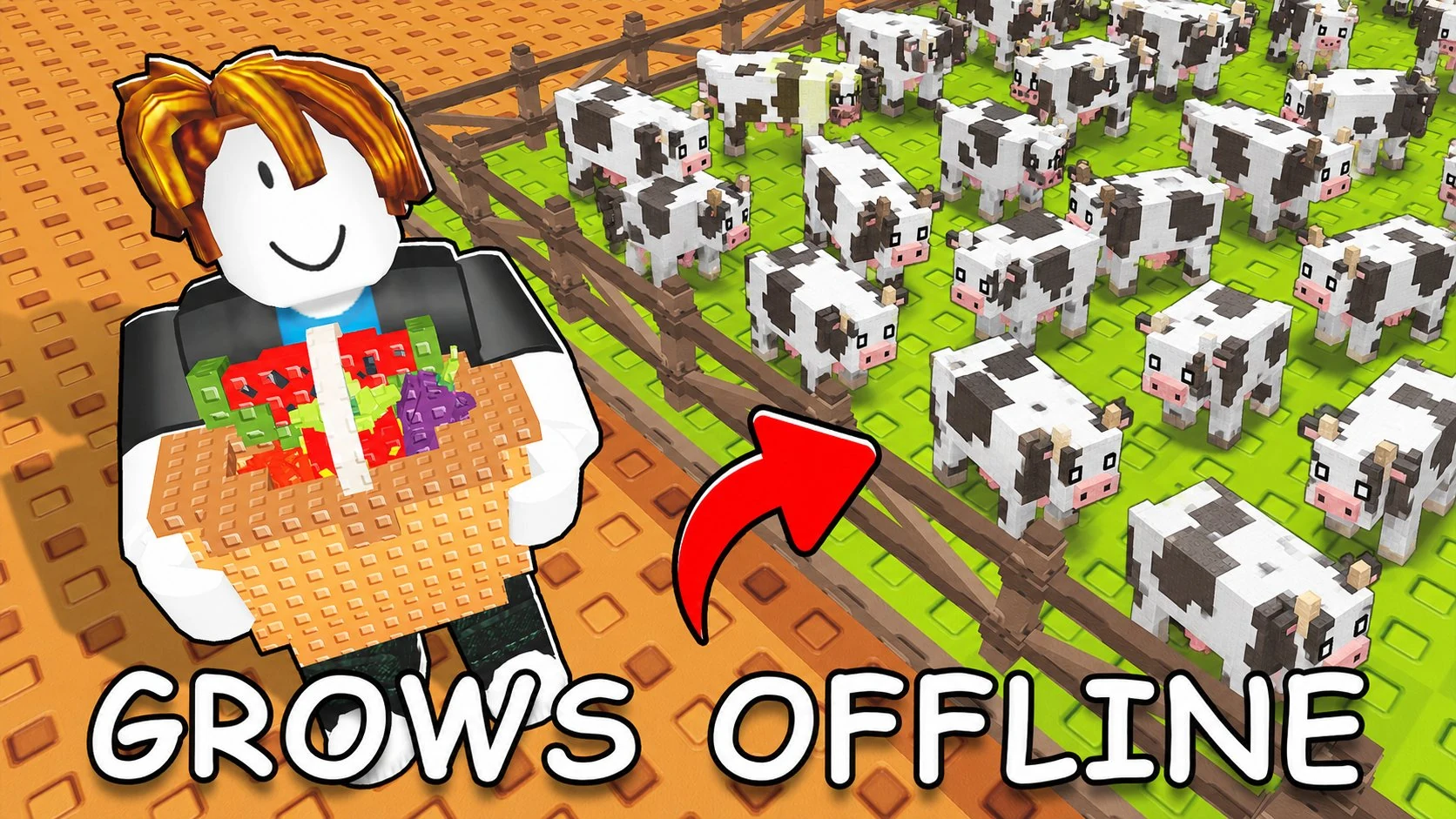 Roblox character holding a crop beside a fenced field of cows