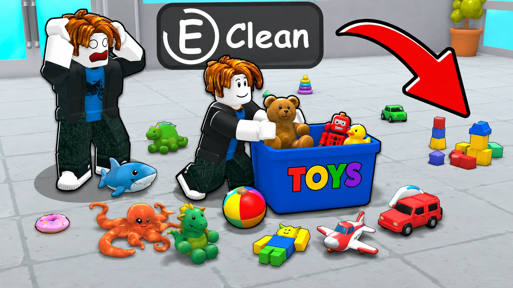 Two Roblox characters cleaning a room filled with colorful toys