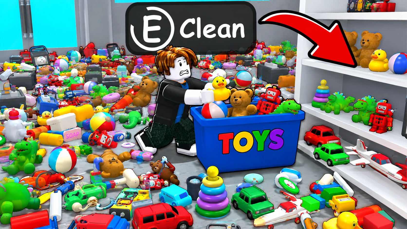 Roblox character sorting a dense floor of colorful toys