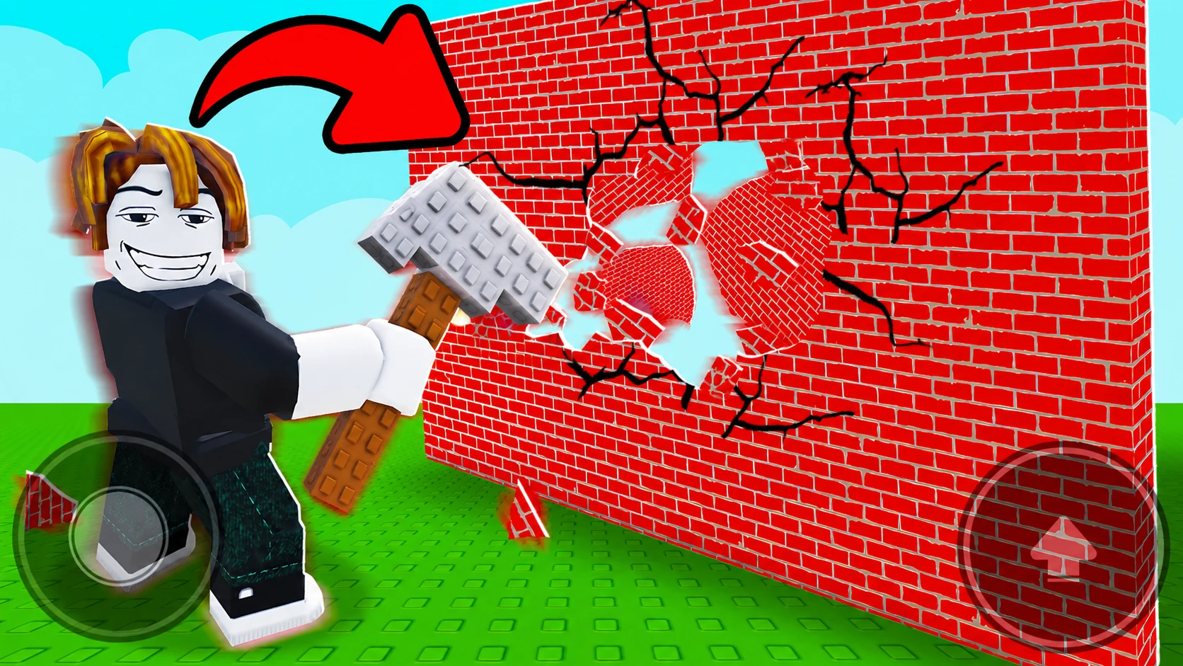 Roblox character breaking through a red brick wall