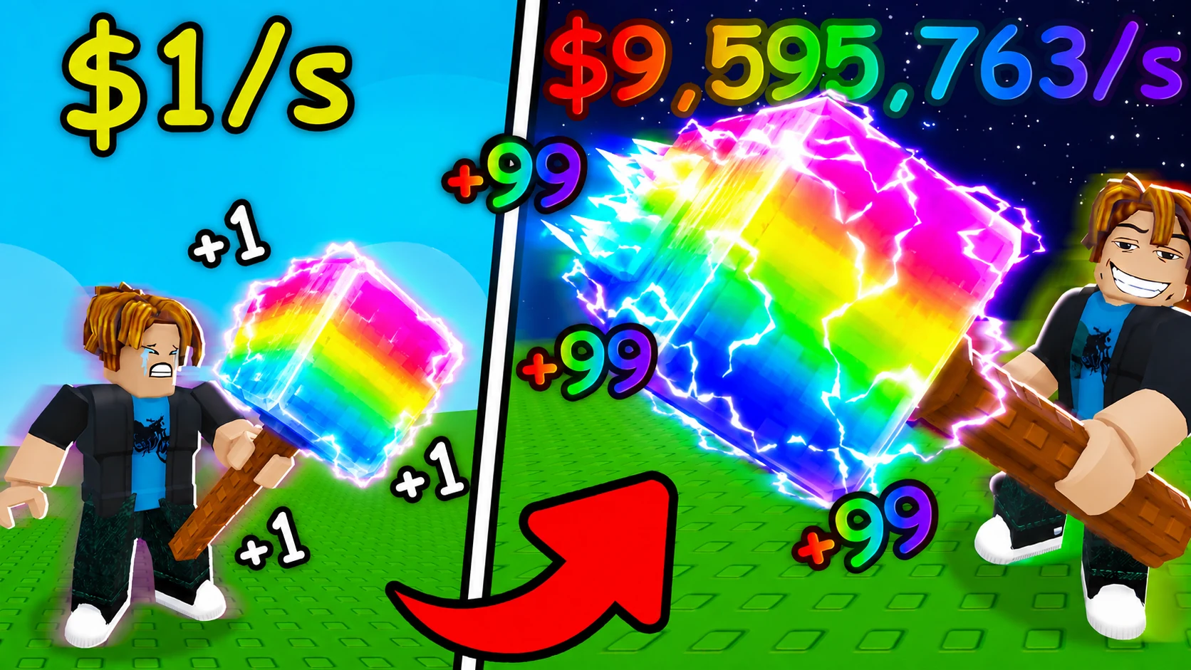 Roblox progression scene with bright rainbow power effects