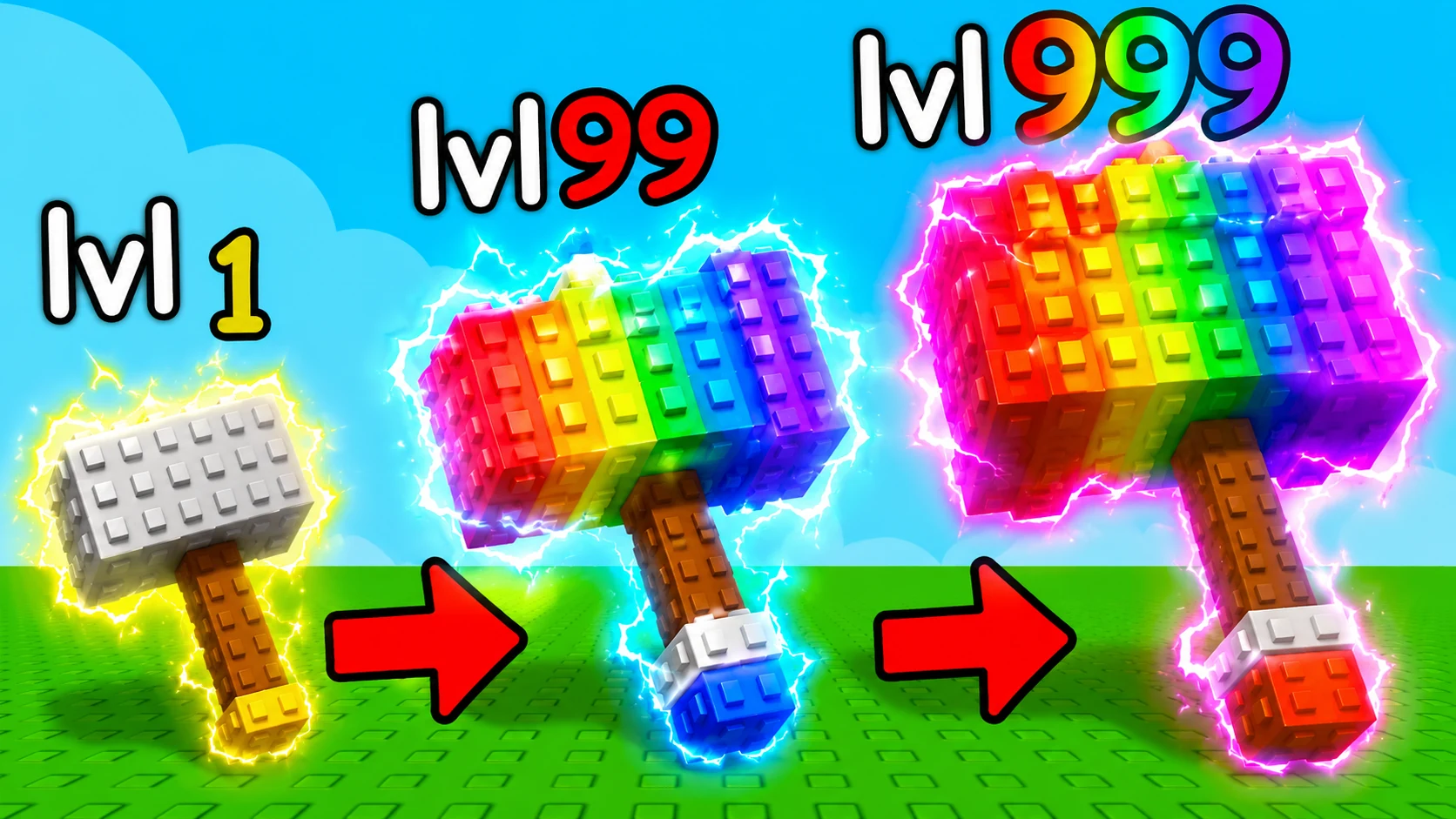 Three Roblox hammers shown at increasing rainbow power levels