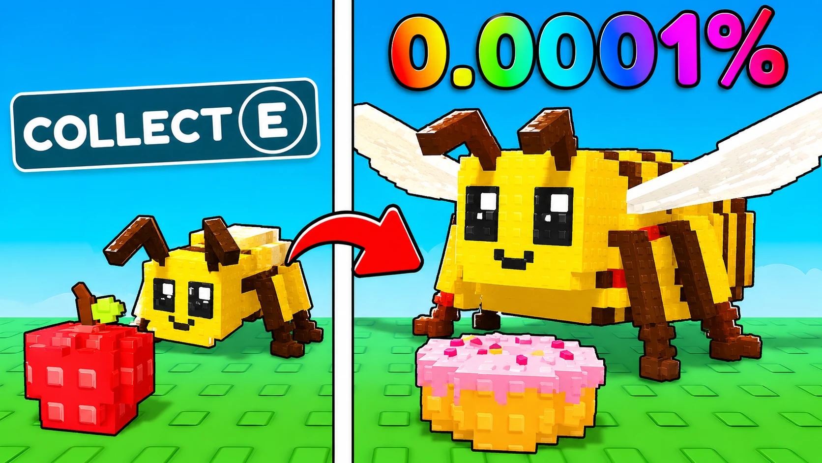 Small and giant blocky bees beside colorful collectible food