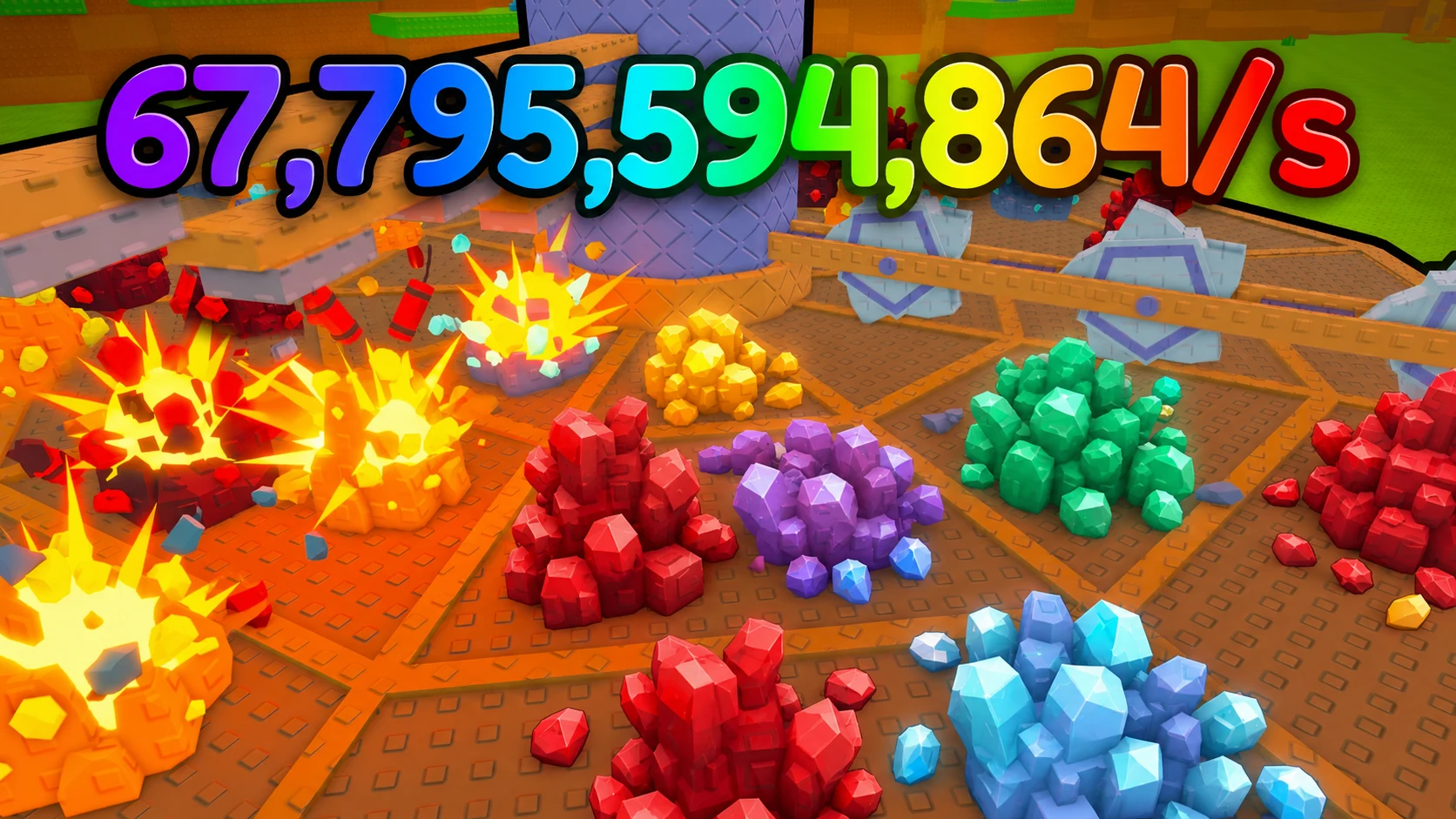 Roblox mining environment filled with exploding crates and jewel clusters