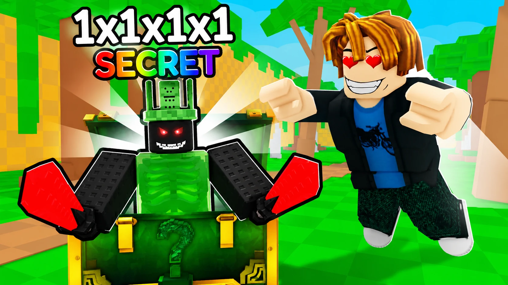 Roblox character discovering a green secret character in a chest